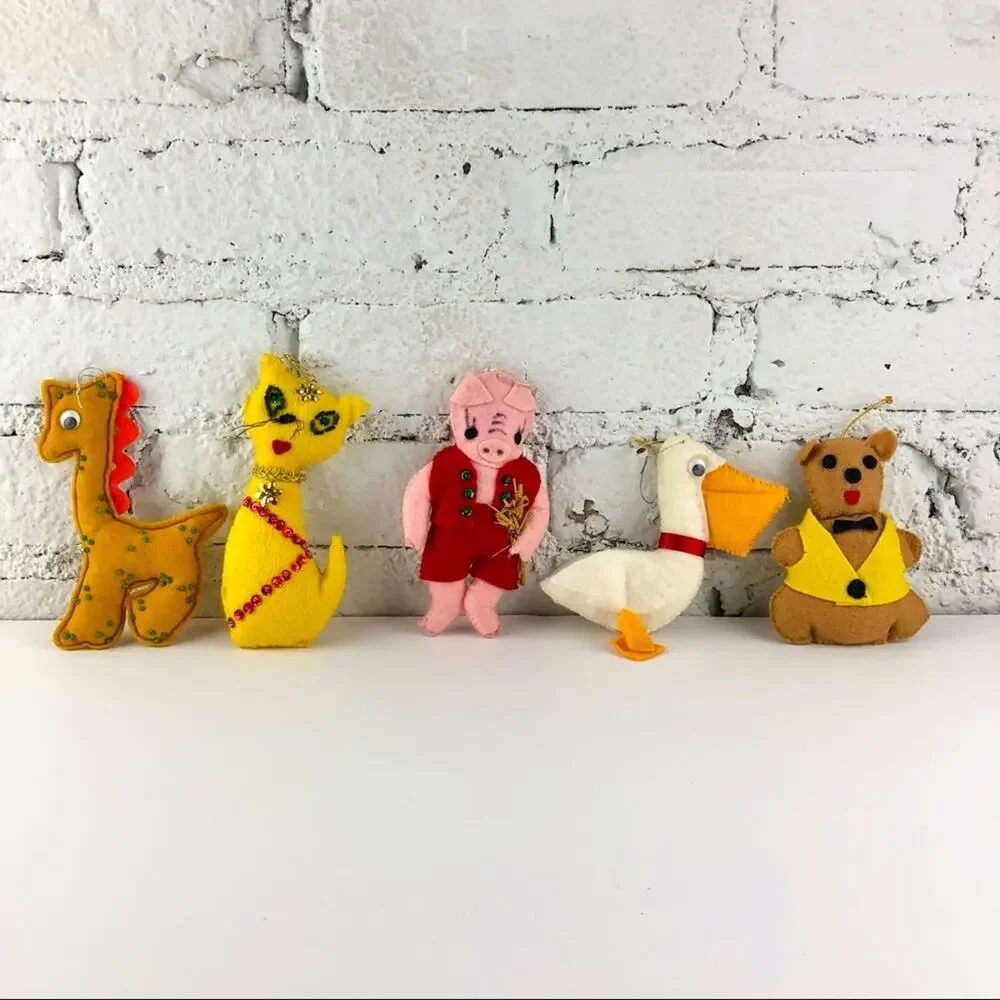 5 Vintage Hand Made Felt Christmas Ornaments